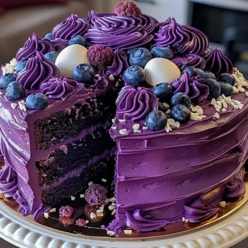 Delicious purple velvet cake with creamy frosting on a decorative plate