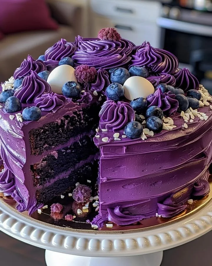 Delicious purple velvet cake with creamy frosting on a decorative plate