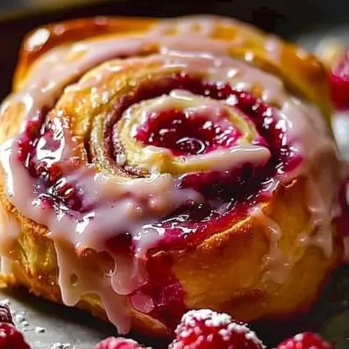 Freshly baked raspberry cinnamon rolls on a wooden table