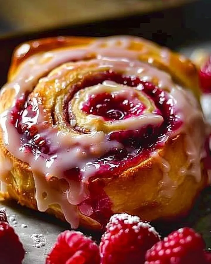 Freshly baked raspberry cinnamon rolls on a wooden table
