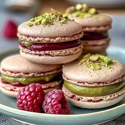Delicious Raspberry Pistachio Macarons displayed elegantly on a platter