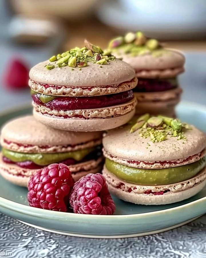 Delicious Raspberry Pistachio Macarons displayed elegantly on a platter