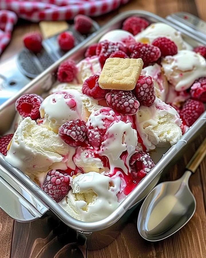 Delicious Raspberry Shortcake Ice Cream served in a bowl