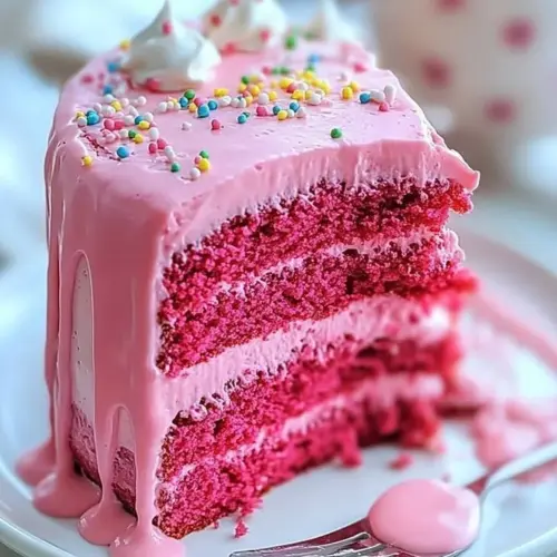 A beautiful slice of Rosy Velvet Cake Delights, showcasing its rich texture and pink hue.
