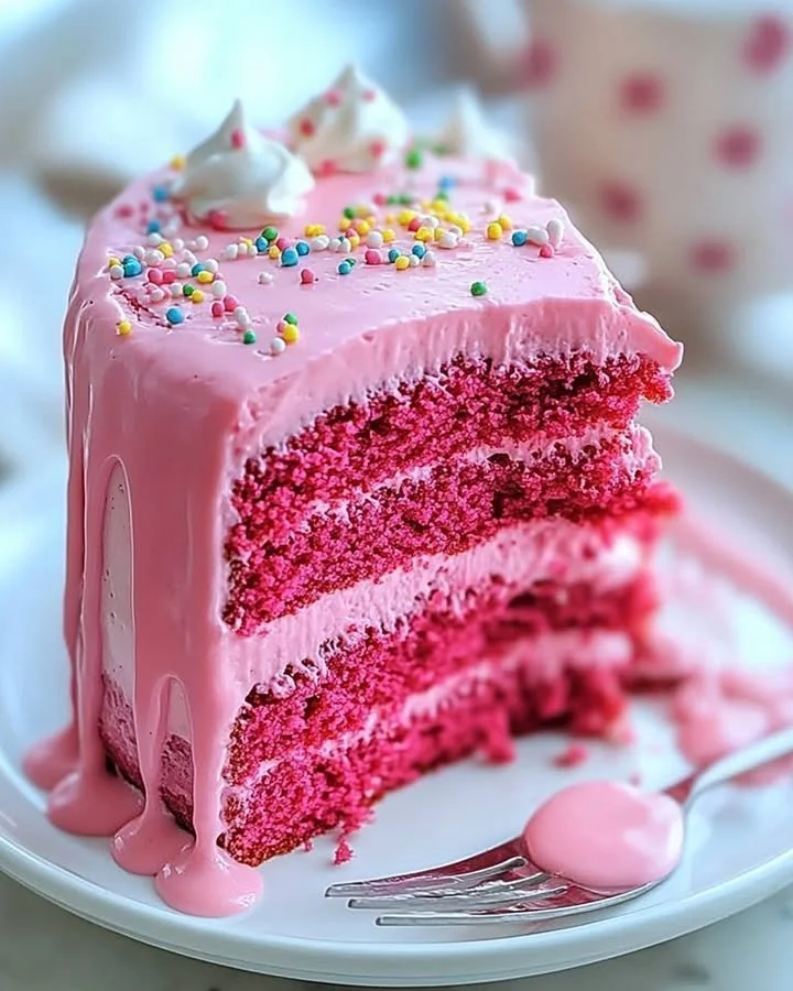 A beautiful slice of Rosy Velvet Cake Delights, showcasing its rich texture and pink hue.