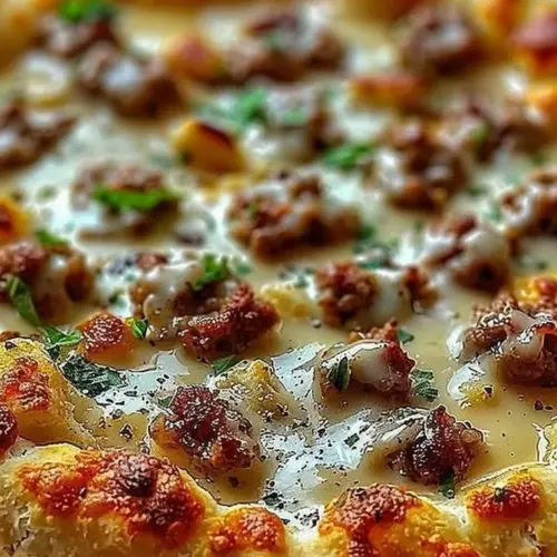 Sausage gravy biscuits breakfast pizza slice topped with herbs and cheese