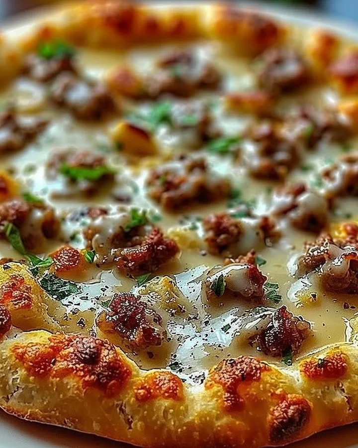 Sausage gravy biscuits breakfast pizza slice topped with herbs and cheese