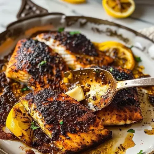 Savory blackened cod fillet served with herbs and spices