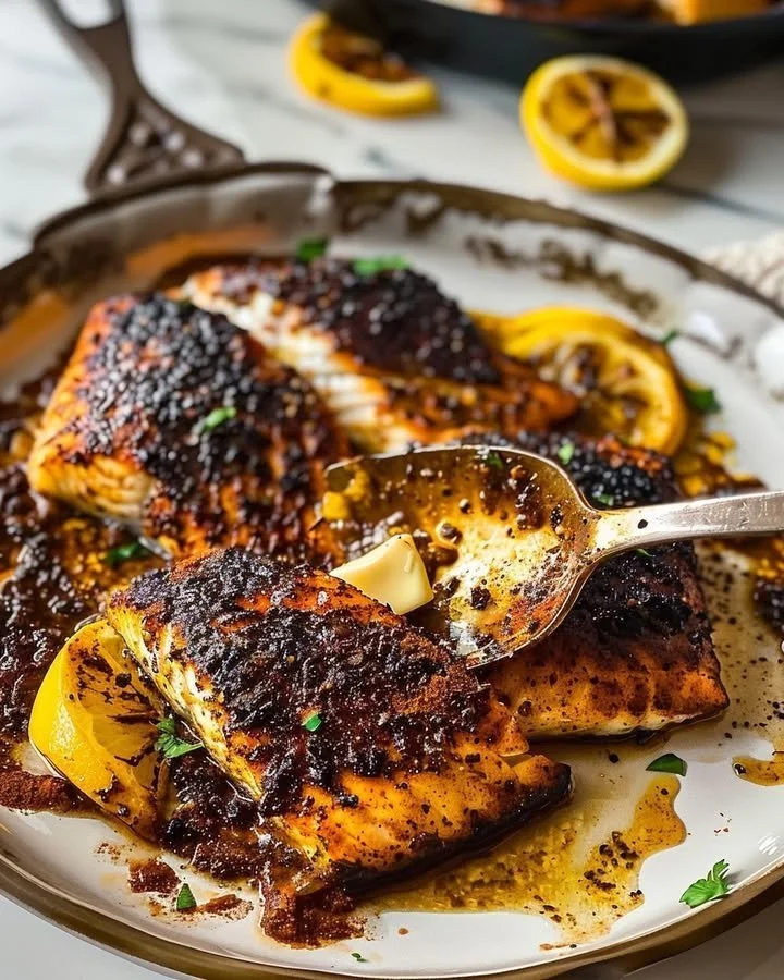 Savory blackened cod fillet served with herbs and spices