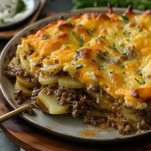 Bowl of Simple Hobo Casserole garnished with fresh herbs