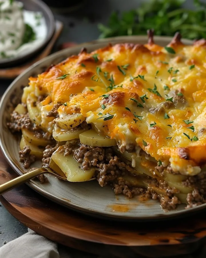 Bowl of Simple Hobo Casserole garnished with fresh herbs