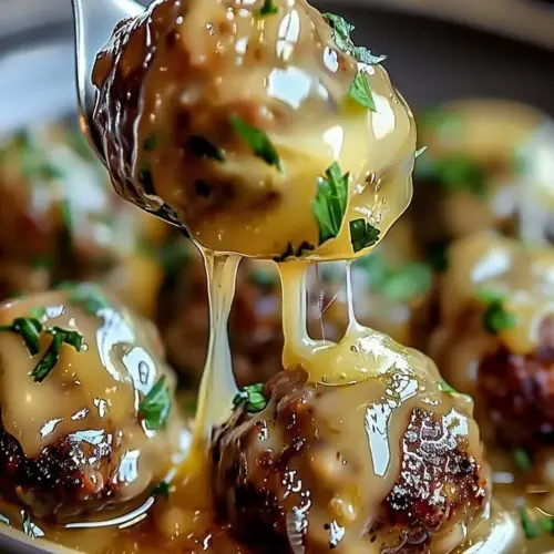Slow cooker French onion meatballs served in a bowl