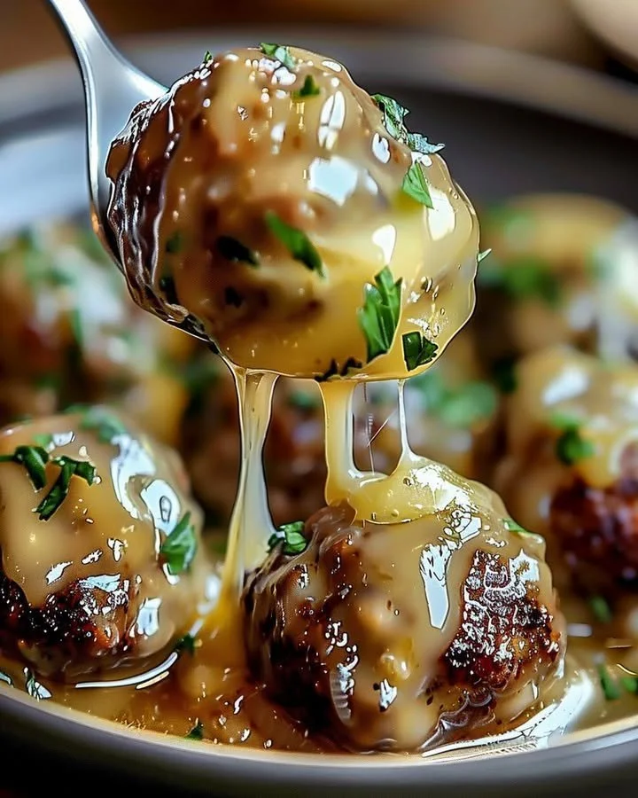 Slow cooker French onion meatballs served in a bowl
