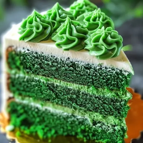St. Patrick's Day green velvet cake decorated with festive green frosting.