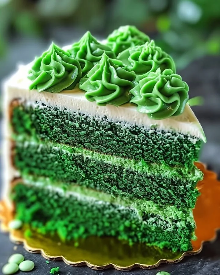 St. Patrick's Day green velvet cake decorated with festive green frosting.