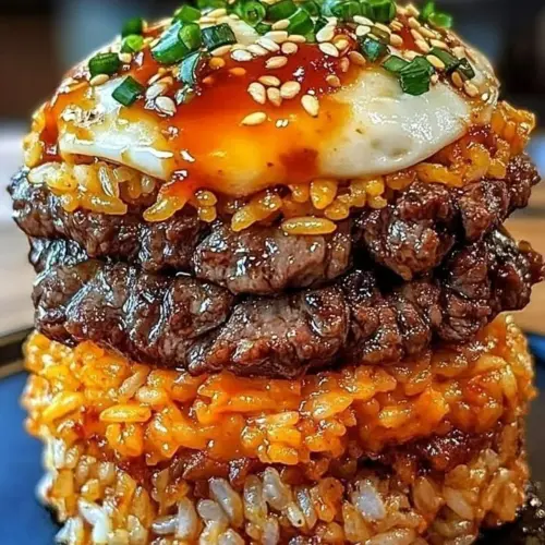 A delicious serving of Stacked Korean BBQ Beef Rice garnished with vegetables.