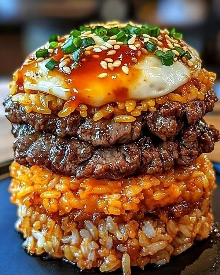 A delicious serving of Stacked Korean BBQ Beef Rice garnished with vegetables.