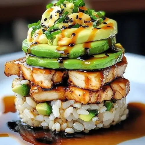 Stacked Teriyaki Chicken with Avocado Rice served on a plate