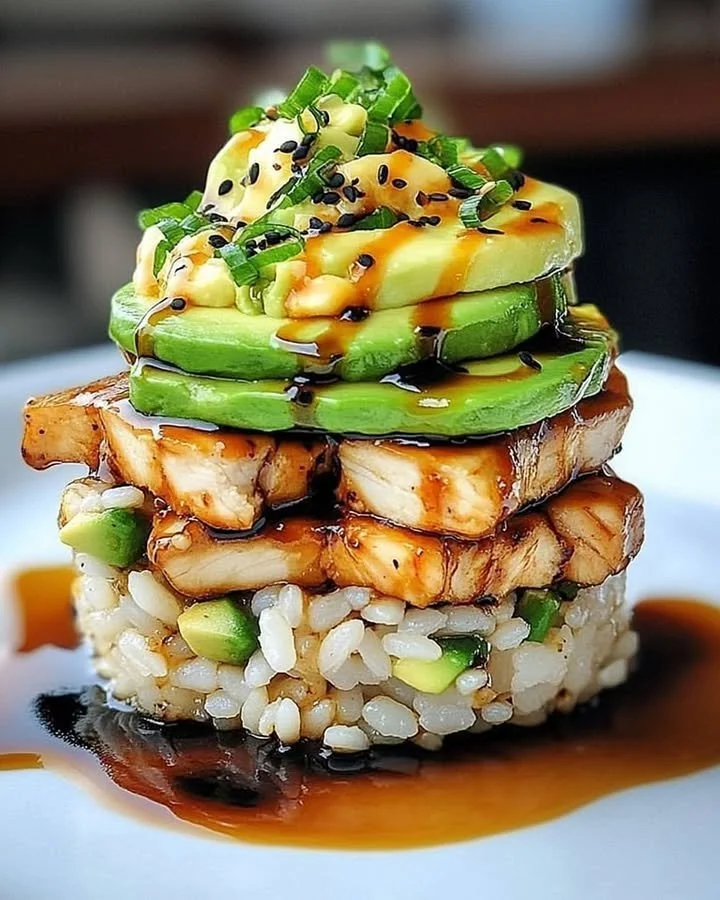 Stacked Teriyaki Chicken with Avocado Rice served on a plate