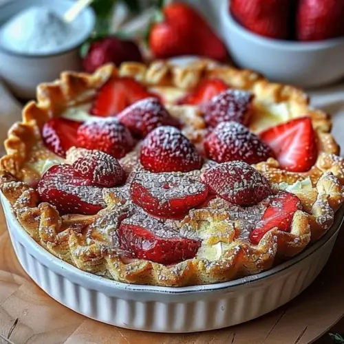 Delicious Strawberry Cream Cheese Dump Cake topped with fresh strawberries