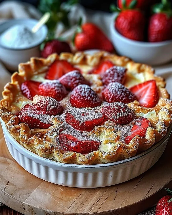 Delicious Strawberry Cream Cheese Dump Cake topped with fresh strawberries