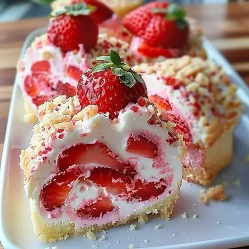 Strawberry Shortcake Cheesecake Delight dessert with fresh strawberries on top.