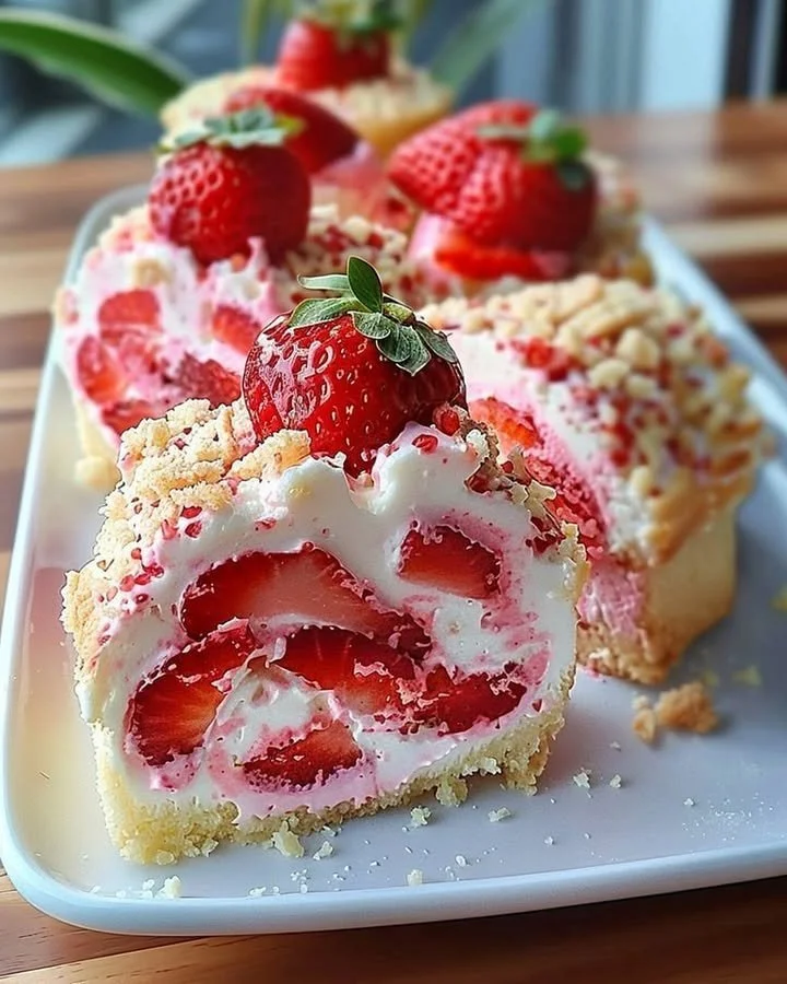 Strawberry Shortcake Cheesecake Delight dessert with fresh strawberries on top.