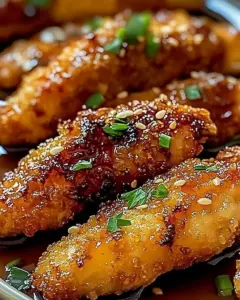 Sweet Honey Garlic Chicken Tenders served on a plate with garnishes.