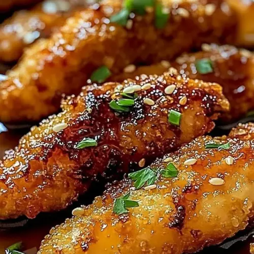 Sweet Honey Garlic Chicken Tenders served on a plate with garnishes.