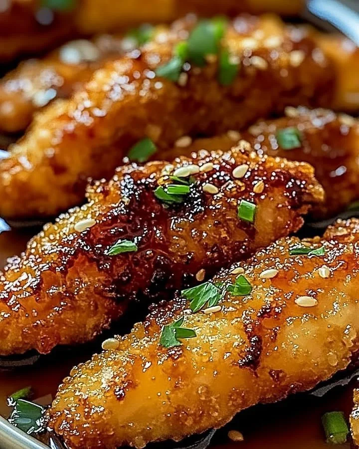 Sweet Honey Garlic Chicken Tenders served on a plate with garnishes.