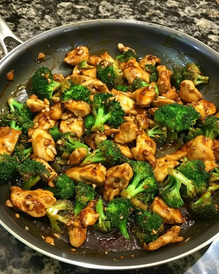 Plate of Szechuan Chicken and Broccoli garnished with sesame seeds