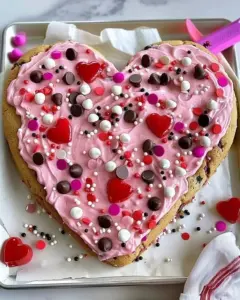 Valentine's Heart Cookie Cake decorated with icing and love-themed toppings