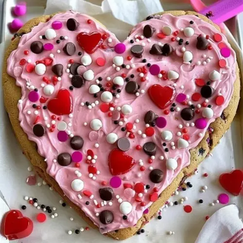 Valentine's Heart Cookie Cake decorated with icing and love-themed toppings