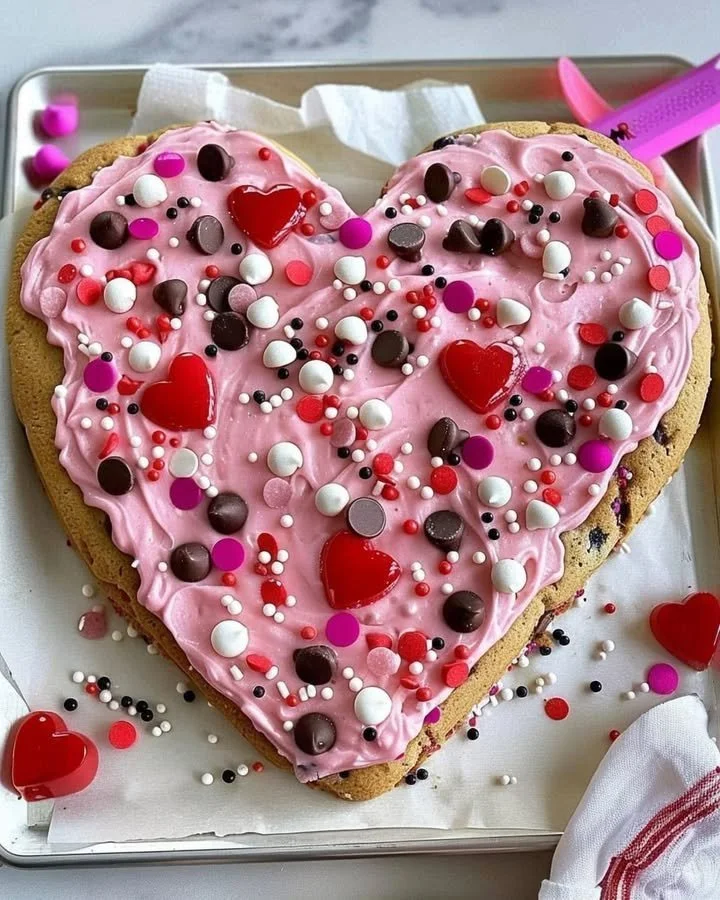 Valentine's Heart Cookie Cake decorated with icing and love-themed toppings