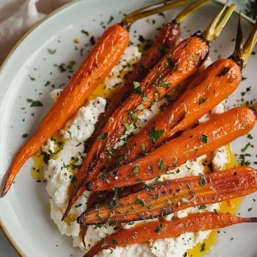 Whipped feta spread over roasted carrots in a vibrant dish