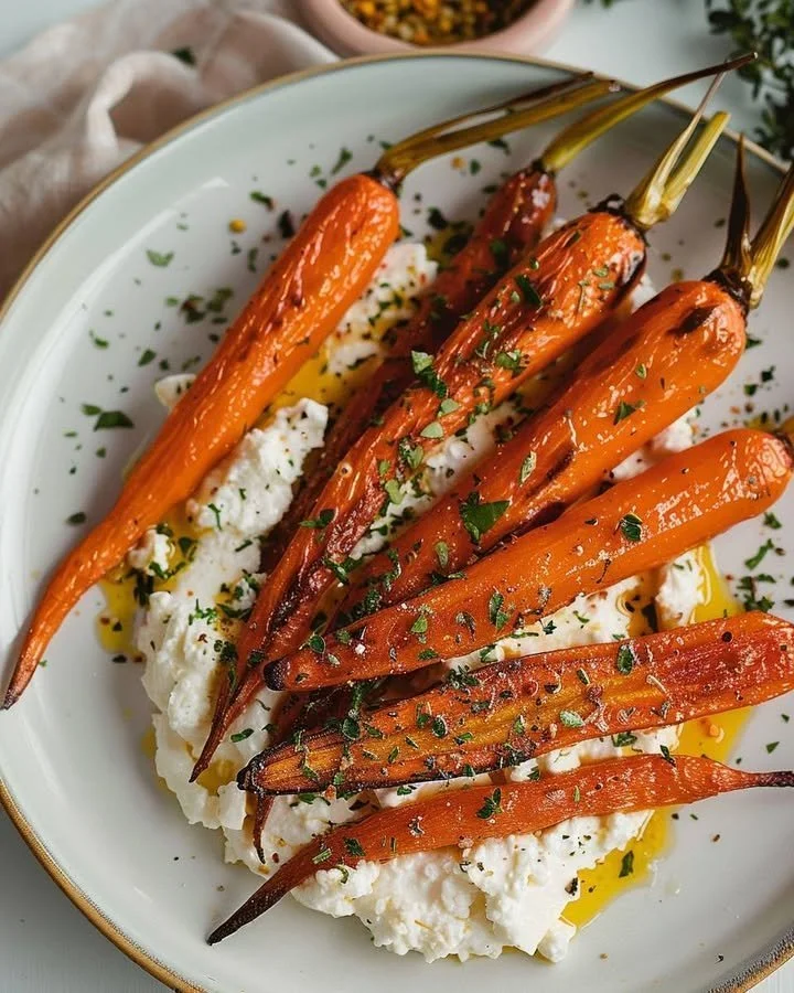 Whipped feta spread over roasted carrots in a vibrant dish
