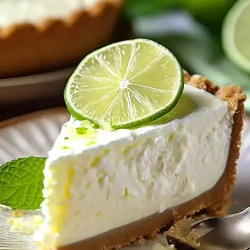 Slice of zesty Key Lime Cheesecake topped with whipped cream and lime zest