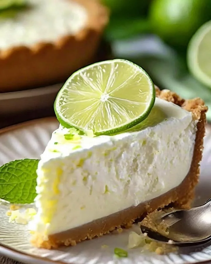 Slice of zesty Key Lime Cheesecake topped with whipped cream and lime zest
