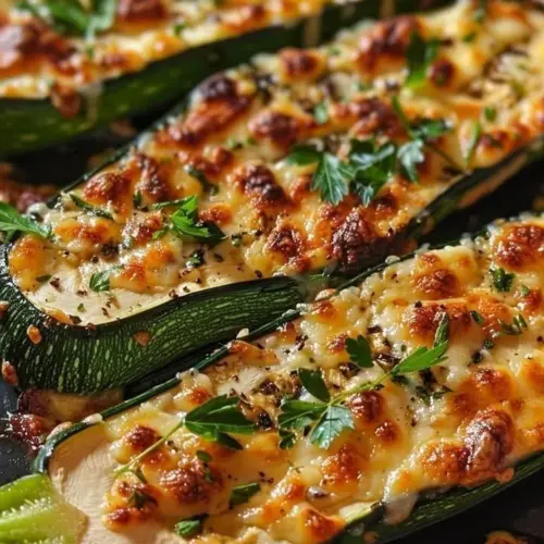 Zucchini steaks topped with garlic and melted cheese on a plate