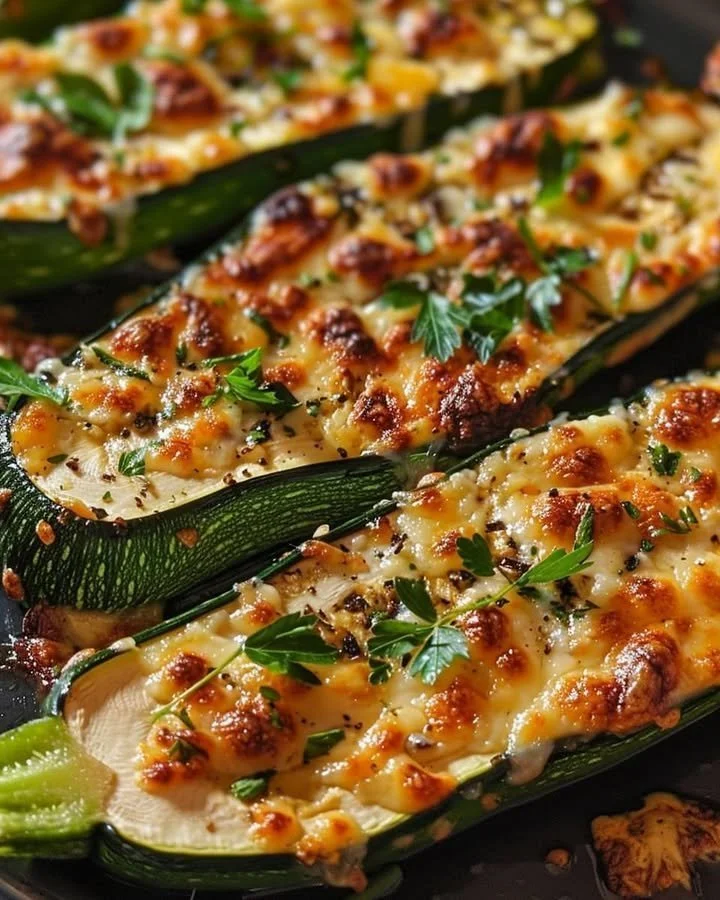 Zucchini steaks topped with garlic and melted cheese on a plate